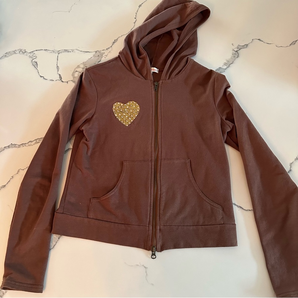 Vintage Bejeweled by Susan Fixel brown hoodie with gold rhinestone heart Sz M